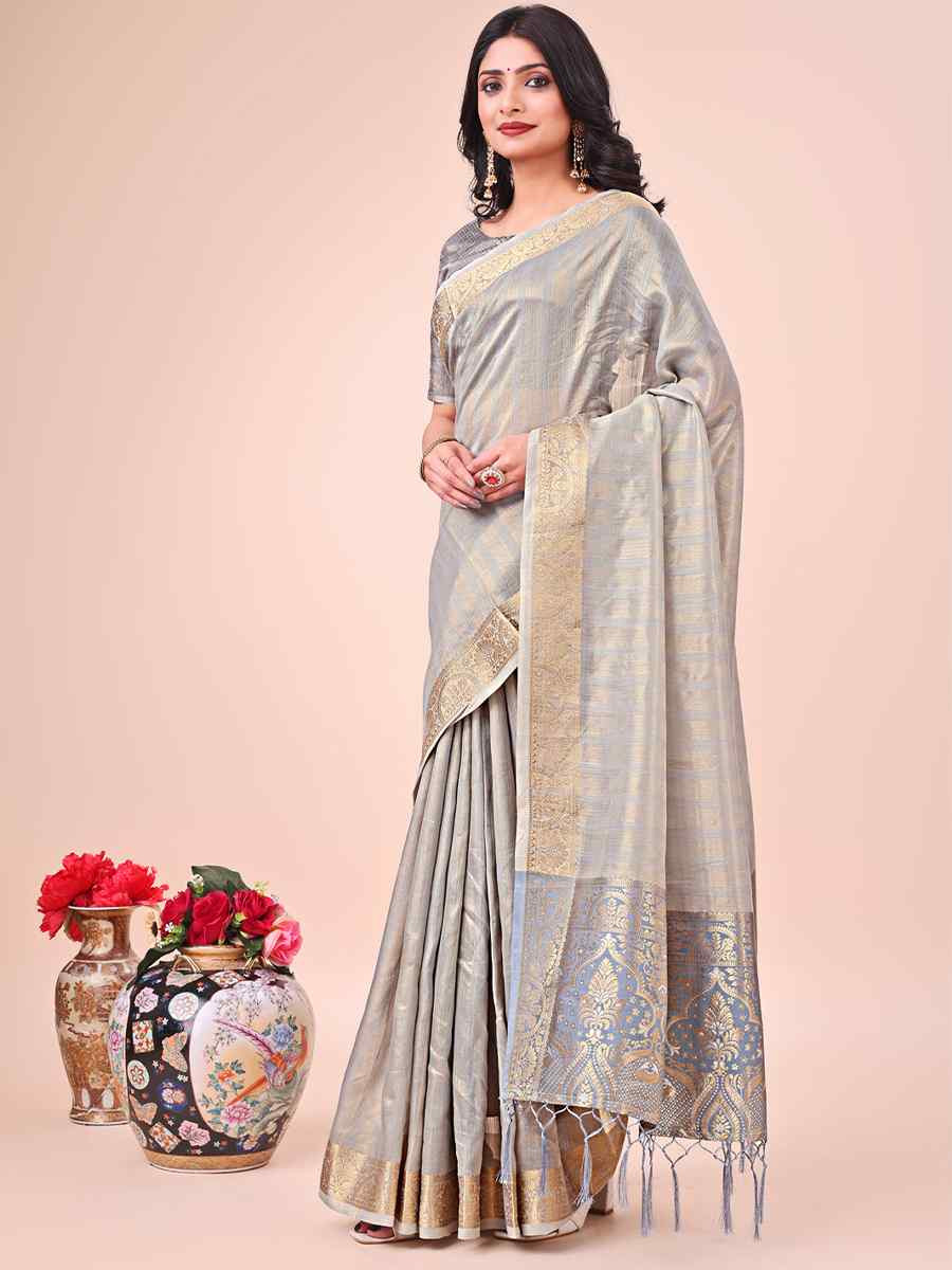 Grey Organza Handwoven Festival Wedding Fancy Heavy Border Saree