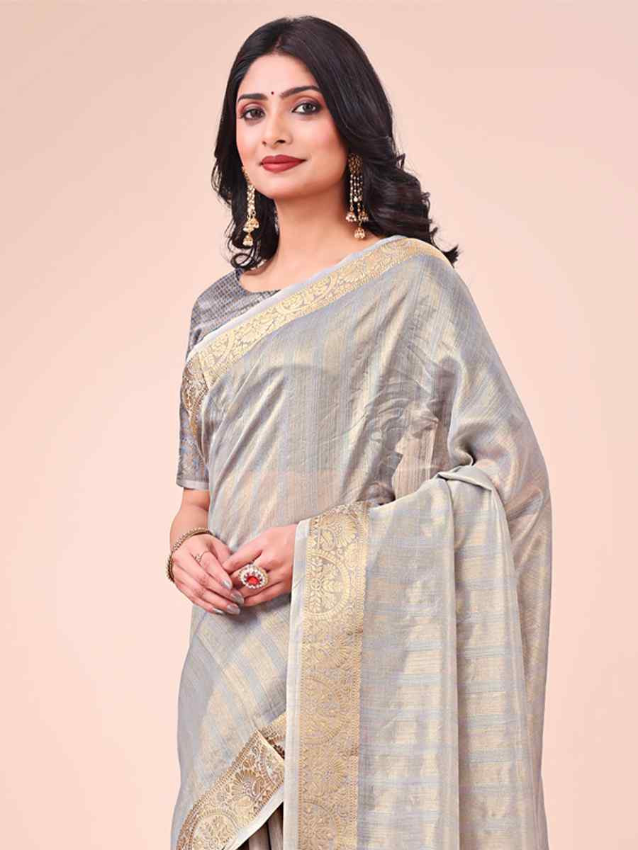 Grey Organza Handwoven Festival Wedding Fancy Heavy Border Saree