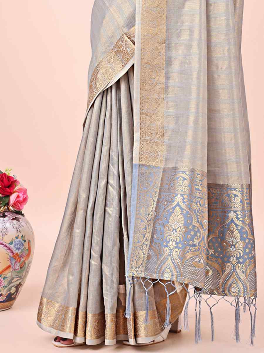 Grey Organza Handwoven Festival Wedding Fancy Heavy Border Saree