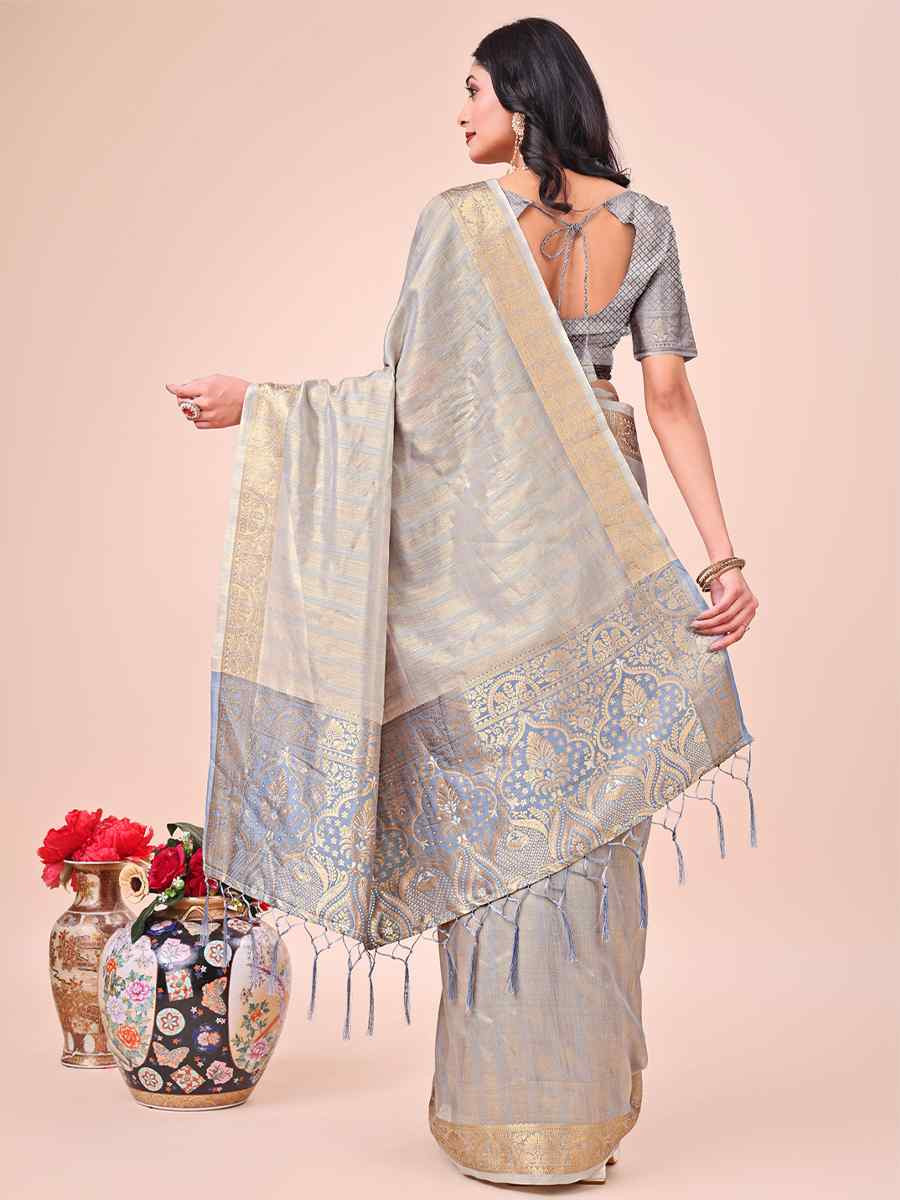Grey Organza Handwoven Festival Wedding Fancy Heavy Border Saree