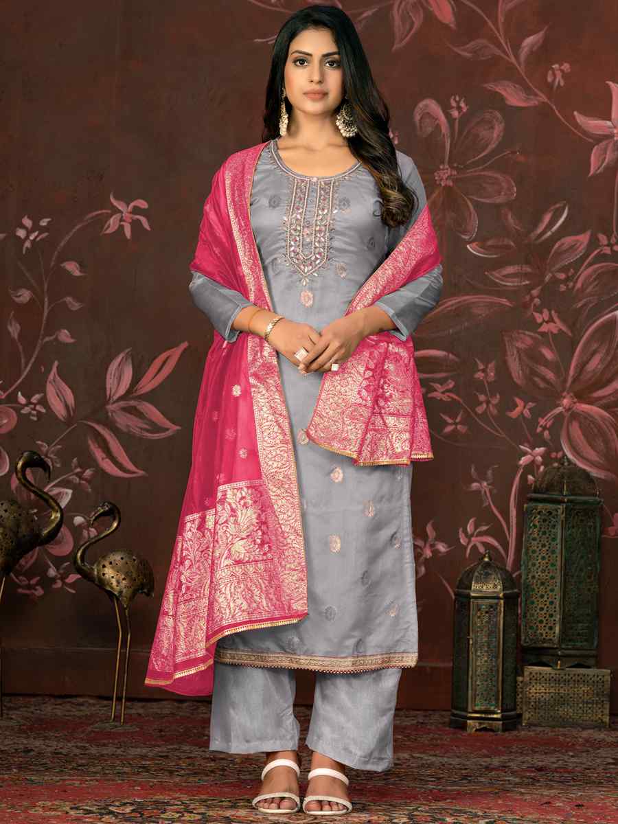 Grey Organza Jacquard Embroidered Casual Festival Pant Salwar Kameez