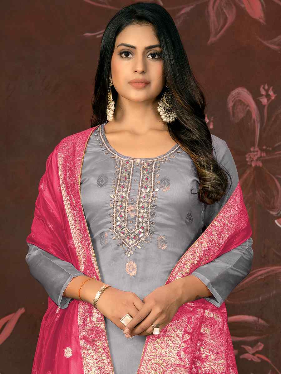 Grey Organza Jacquard Embroidered Casual Festival Pant Salwar Kameez