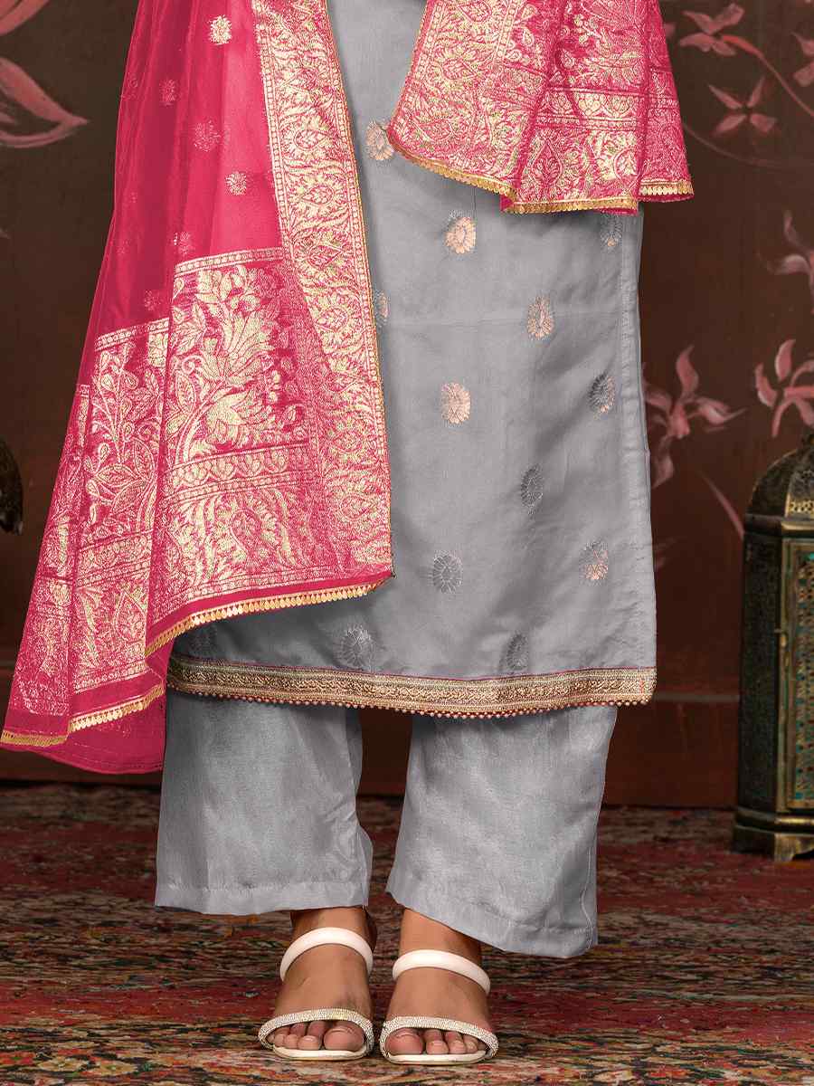 Grey Organza Jacquard Embroidered Casual Festival Pant Salwar Kameez