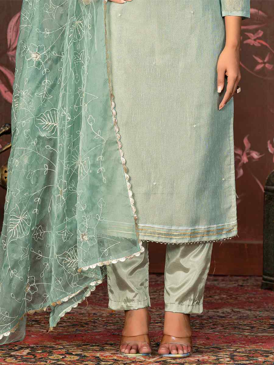 Grey Organza Jacquard Embroidered Casual Festival Pant Salwar Kameez