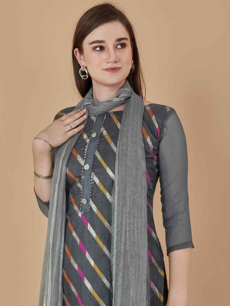 Grey Organza Jacquard Santoon Nazneen Handwoven Casual Festival Pant Salwar Kameez