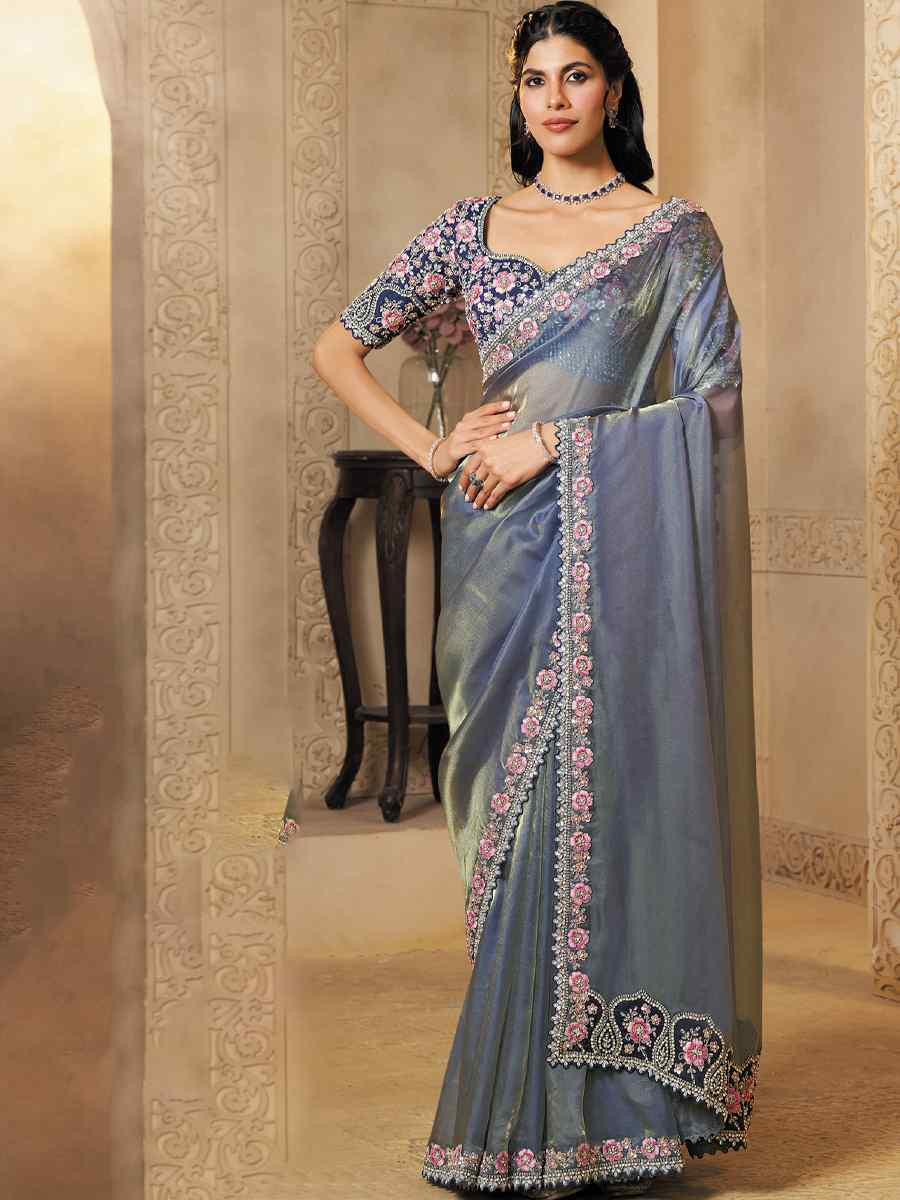 Grey Organza Satin Embroidery Traditional Bridal Reception Festival Wedding Fancy Heavy Border Saree