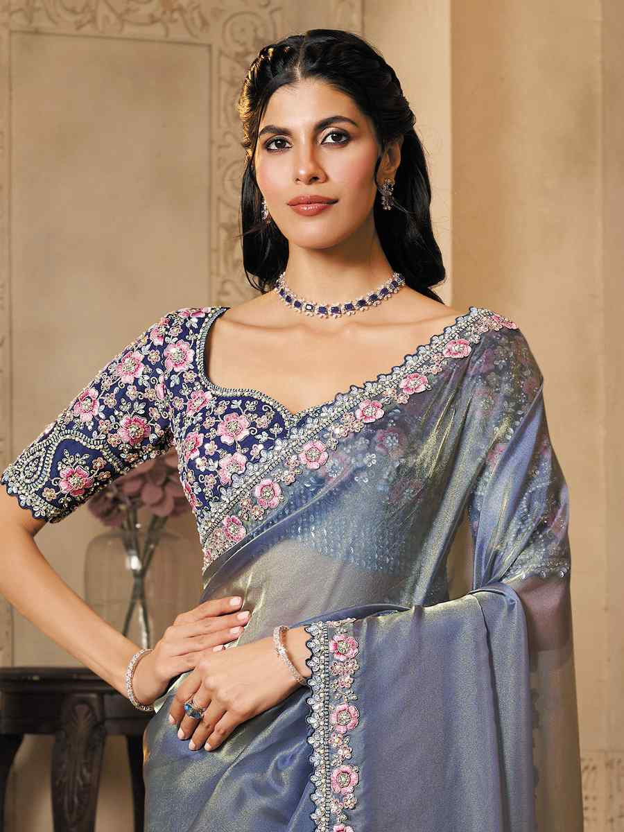 Grey Organza Satin Embroidery Traditional Bridal Reception Festival Wedding Fancy Heavy Border Saree