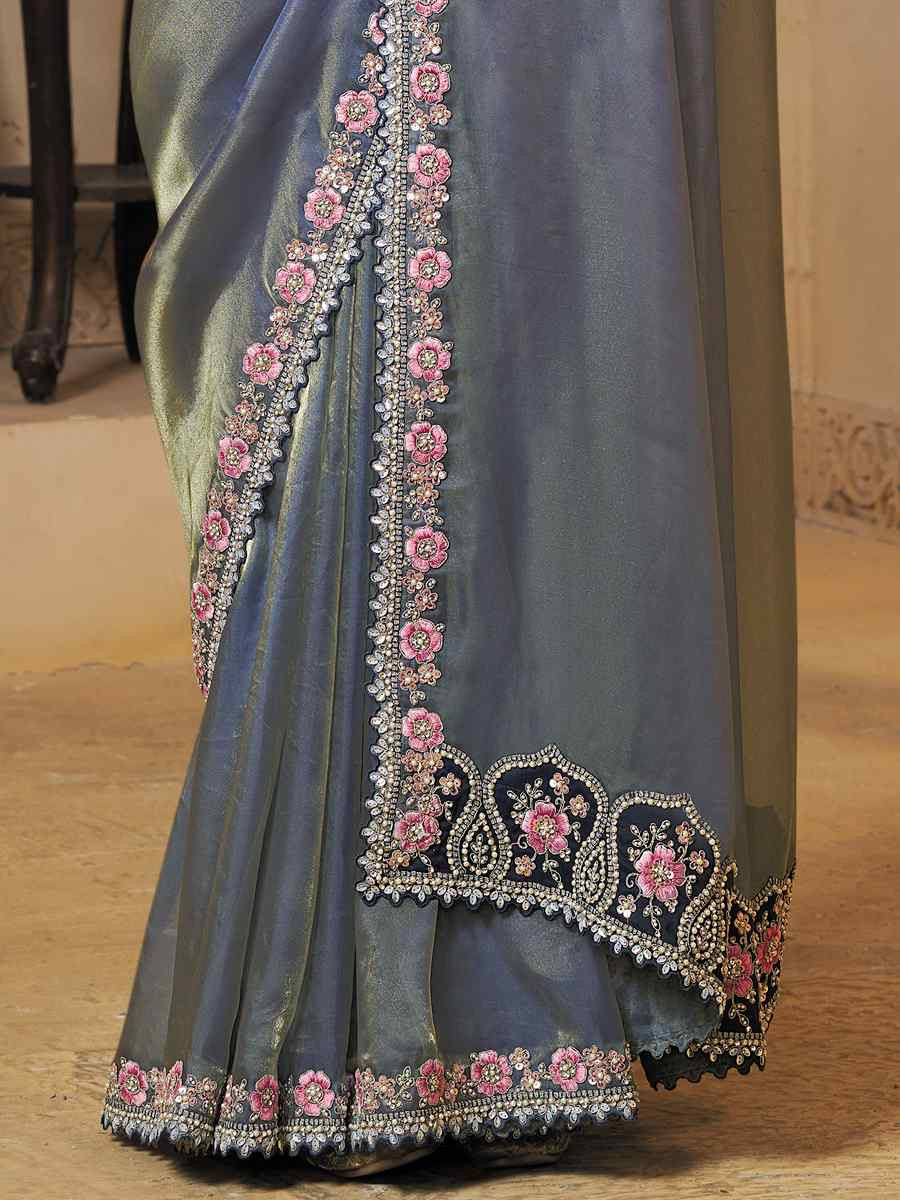 Grey Organza Satin Embroidery Traditional Bridal Reception Festival Wedding Fancy Heavy Border Saree