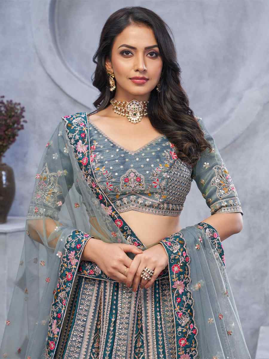 Grey Organza Silk Embroidered Wedding Festival Heavy Border Lehenga Choli