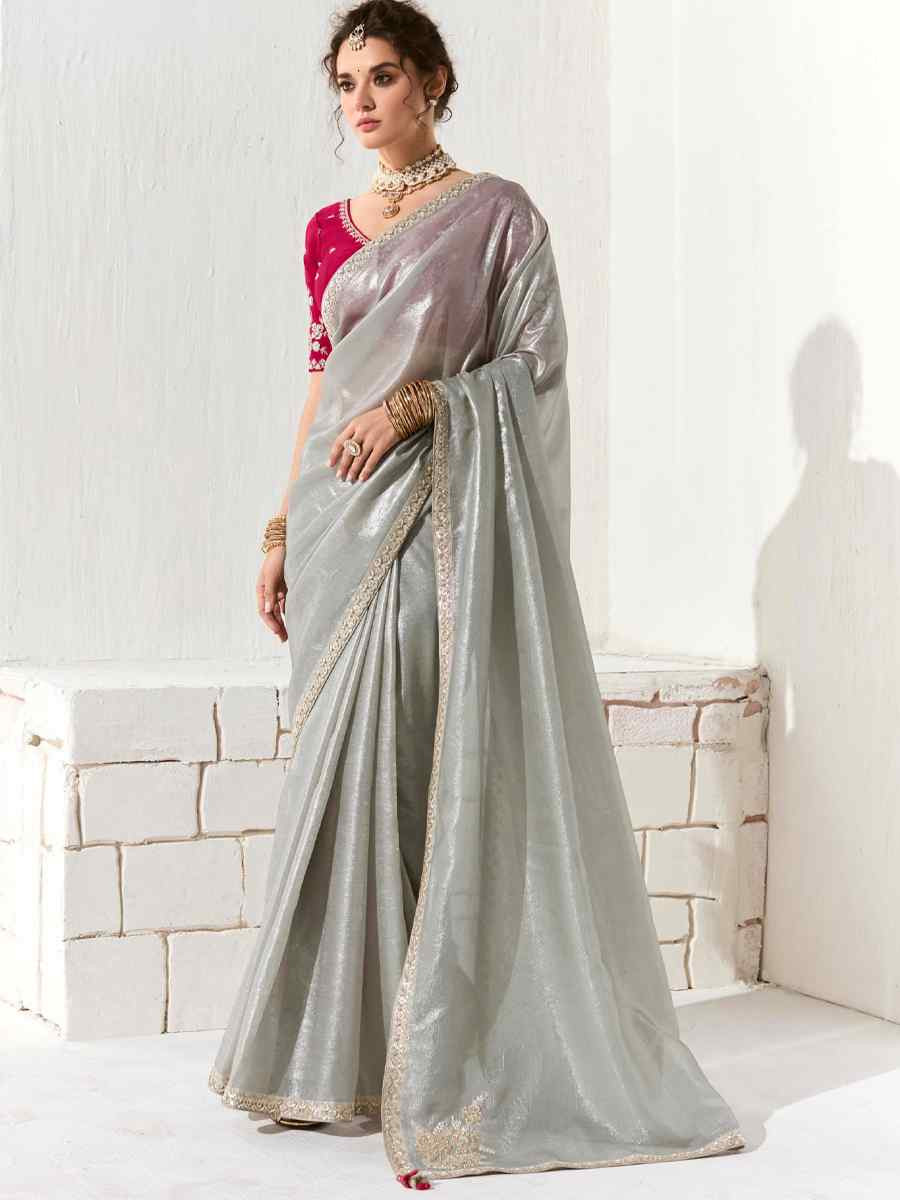 Grey Organza Tissue Embroidered Festival Wedding Fancy Heavy Border Saree