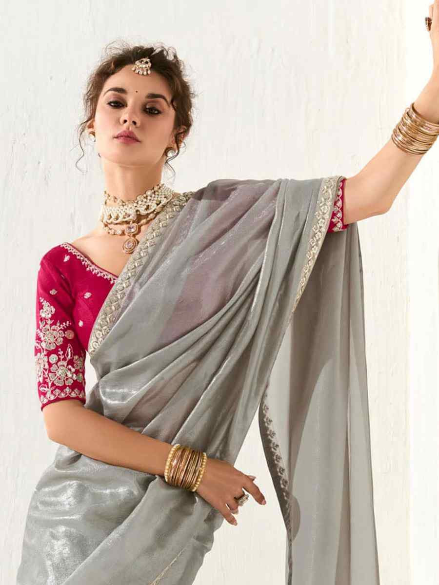 Grey Organza Tissue Embroidered Festival Wedding Fancy Heavy Border Saree