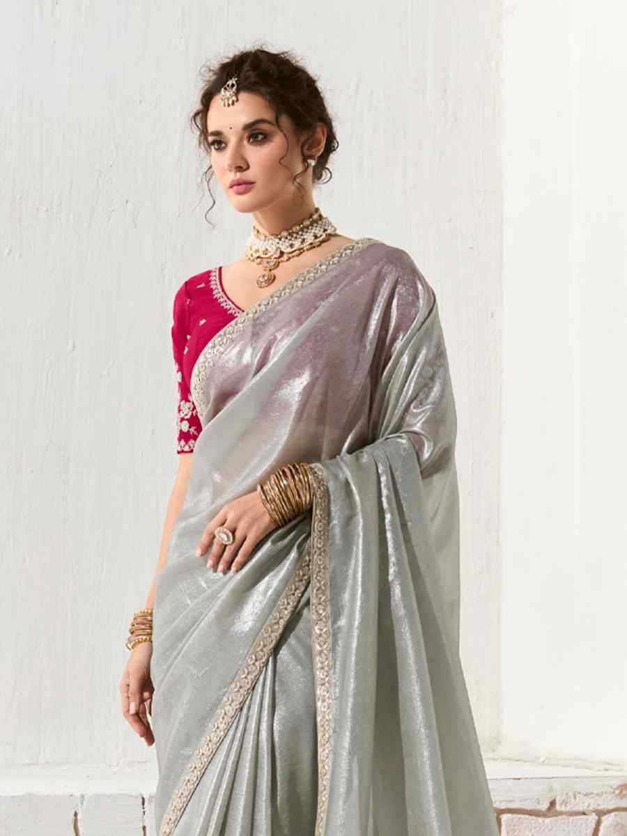 Grey Organza Tissue Embroidered Festival Wedding Fancy Heavy Border Saree