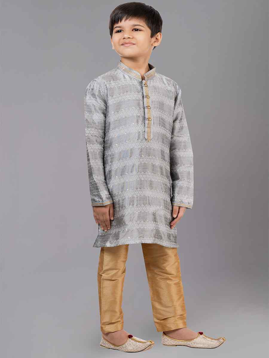 Grey Polyester Cotton Embroidered Festival Traditional Kurta Pyjama Boys Wear