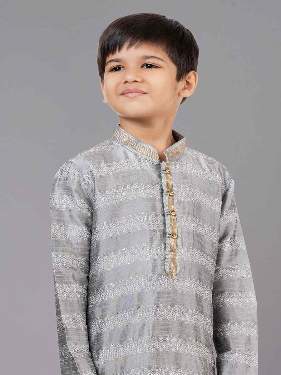 Grey Polyester Cotton Embroidered Festival Traditional Kurta Pyjama Boys Wear