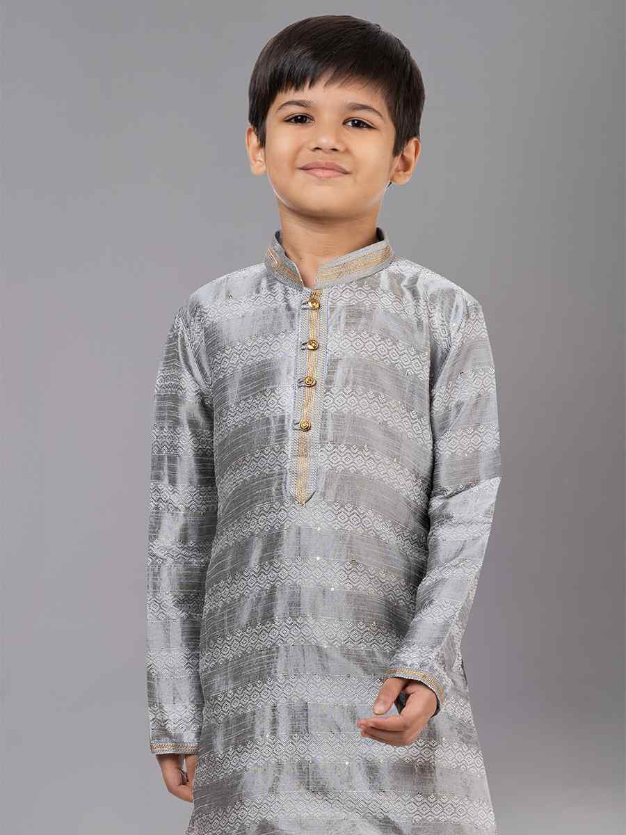 Grey Polyester Cotton Embroidered Festival Traditional Kurta Pyjama Boys Wear
