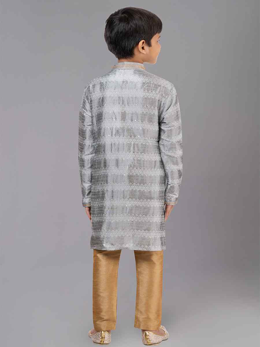 Grey Polyester Cotton Embroidered Festival Traditional Kurta Pyjama Boys Wear
