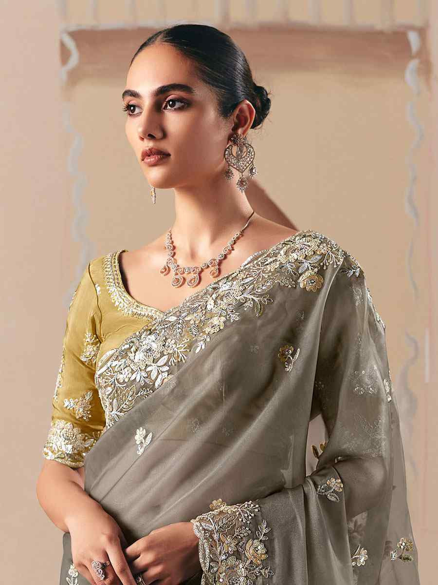 Grey Premium Fancy Silk Embroidery Bridal Reception Festival Wedding Fancy Heavy Border Saree