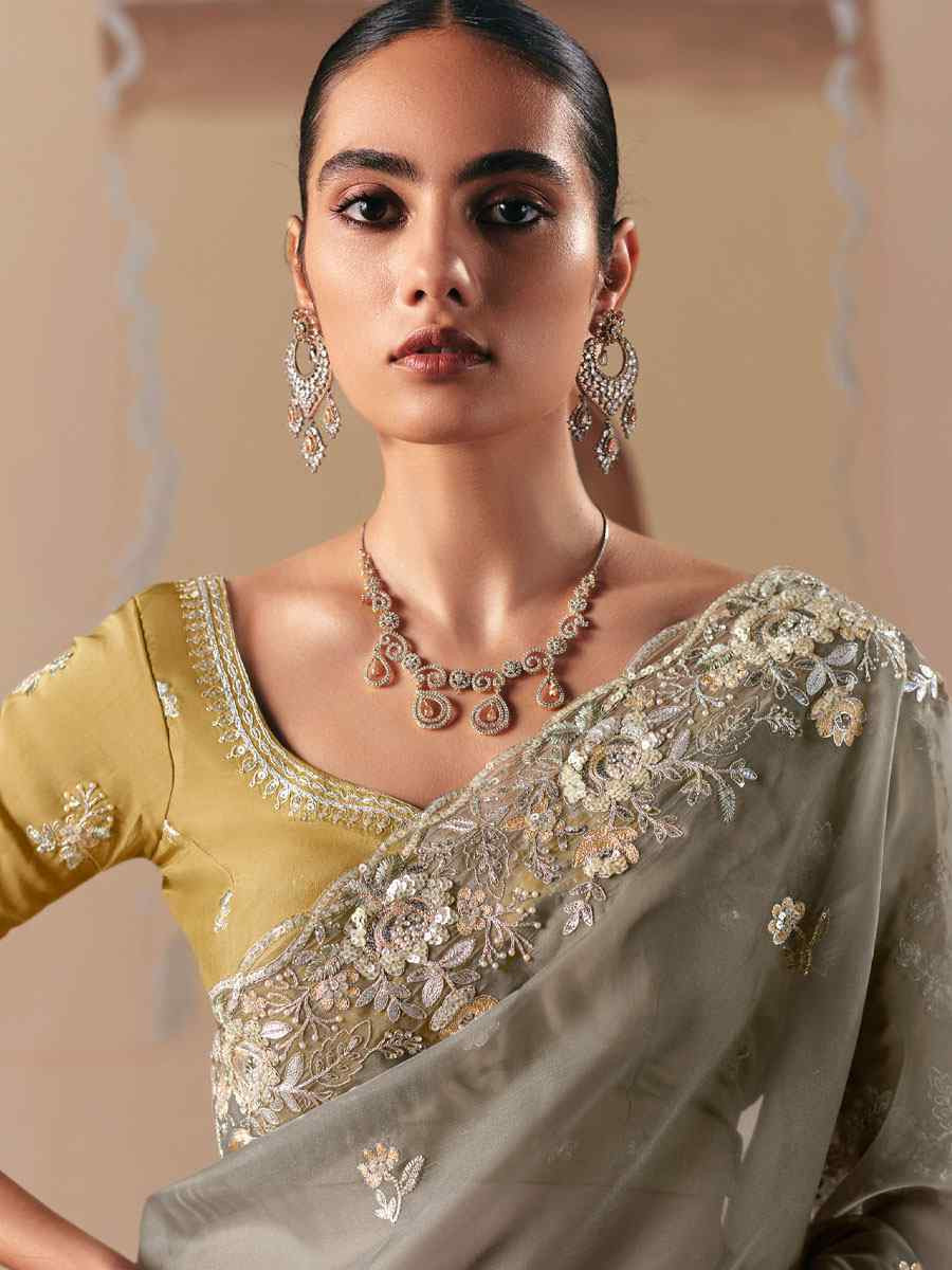 Grey Premium Fancy Silk Embroidery Bridal Reception Festival Wedding Fancy Heavy Border Saree