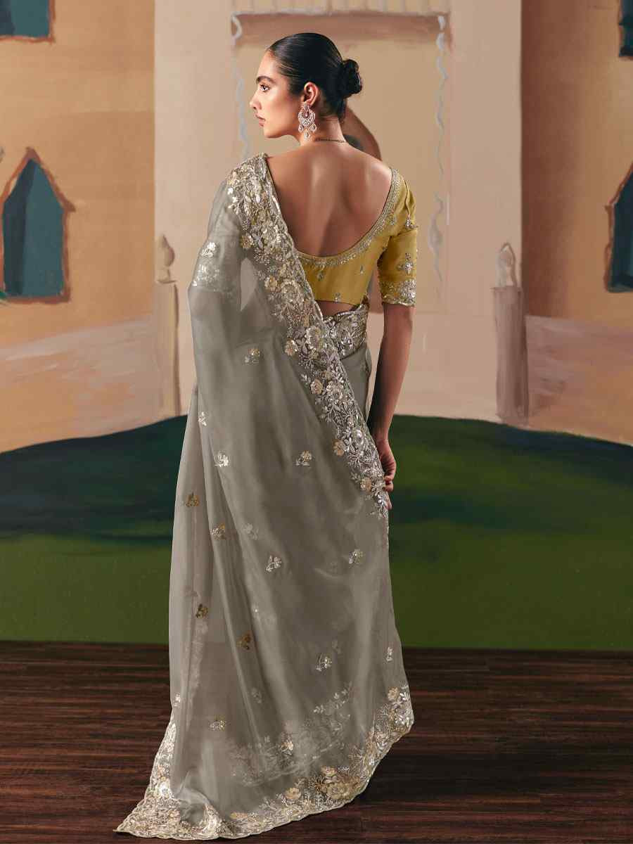 Grey Premium Fancy Silk Embroidery Bridal Reception Festival Wedding Fancy Heavy Border Saree