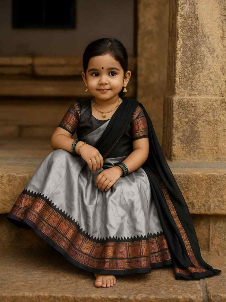 Image of Grey Premium Lichi Silk Brocade Kids Wear Wedding Festival Lehengas Girls Wear