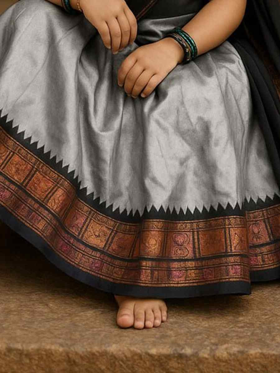 Grey Premium Lichi Silk Brocade Kids Wear Wedding Festival Lehengas Girls Wear