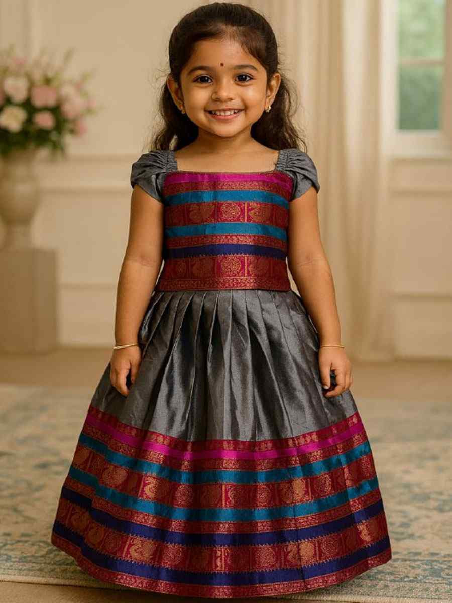 Grey Premium Linen Brocade Kids Wear Wedding Festival Lehengas Girls Wear