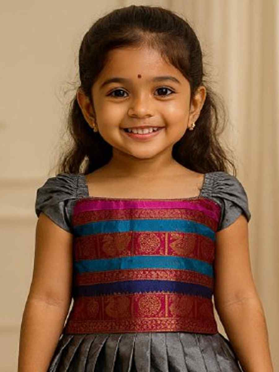 Grey Premium Linen Brocade Kids Wear Wedding Festival Lehengas Girls Wear