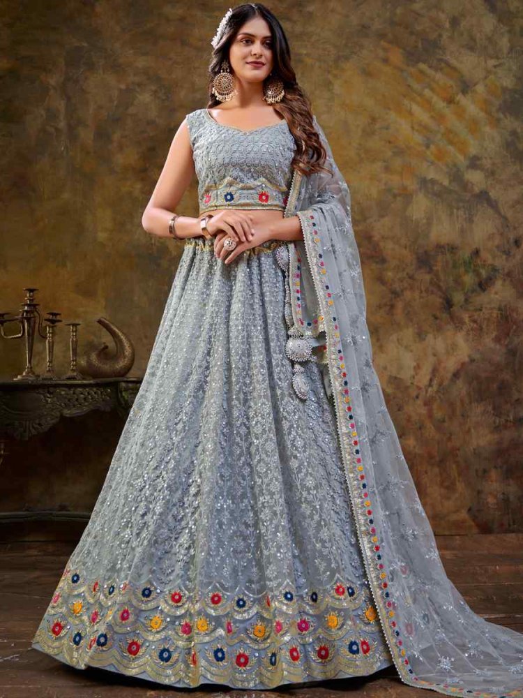 Grey Premium Net Embroidered Bridesmaid Wedding Heavy Border Lehenga Choli