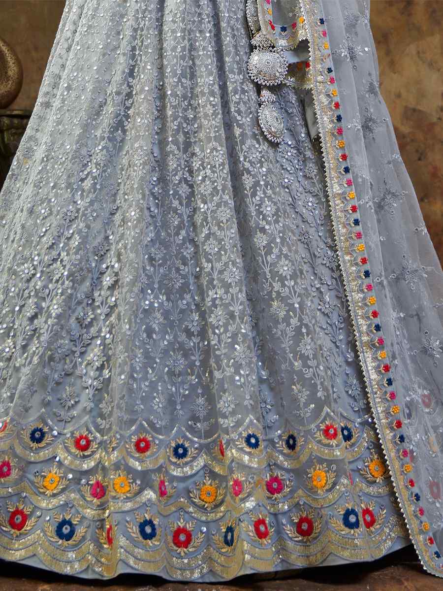 Grey Premium Net Embroidered Bridesmaid Wedding Heavy Border Lehenga Choli