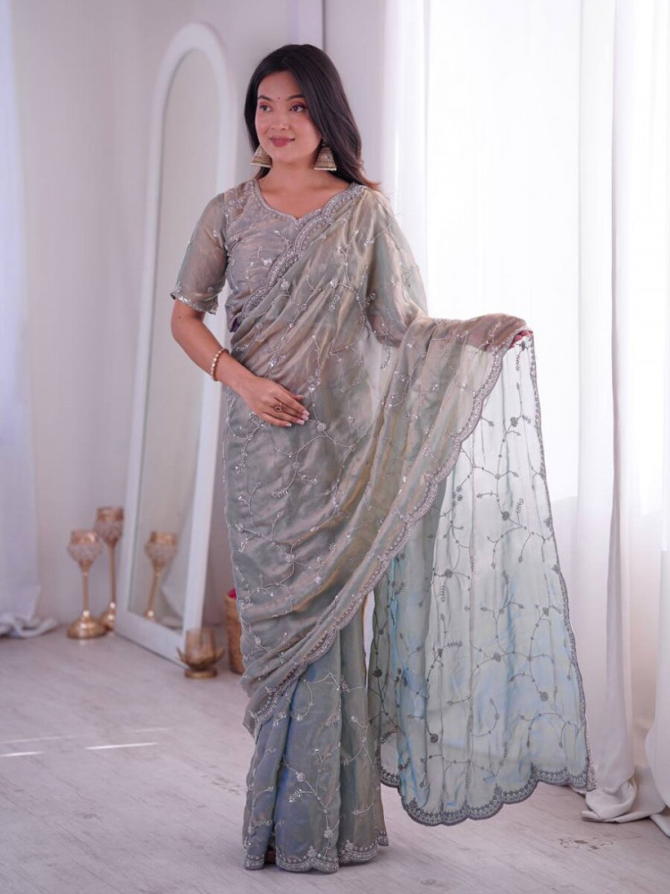 Image of Grey Premium Two Tone Fandy Silk Embroidery Sequins Wedding Reception Party Festival Casual Heavy Border Sarees