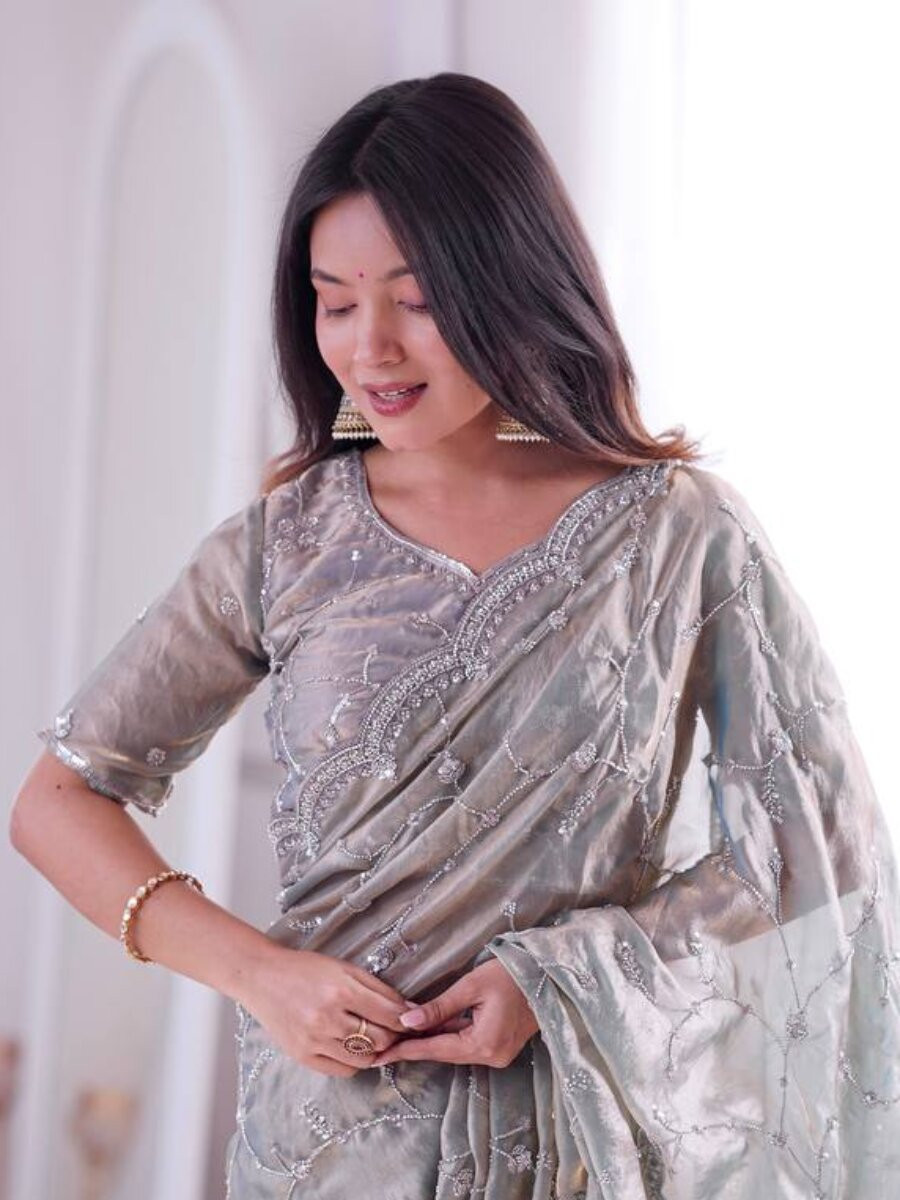 Grey Premium Two Tone Fandy Silk Embroidery Sequins Wedding Reception Party Festival Casual Heavy Border Sarees