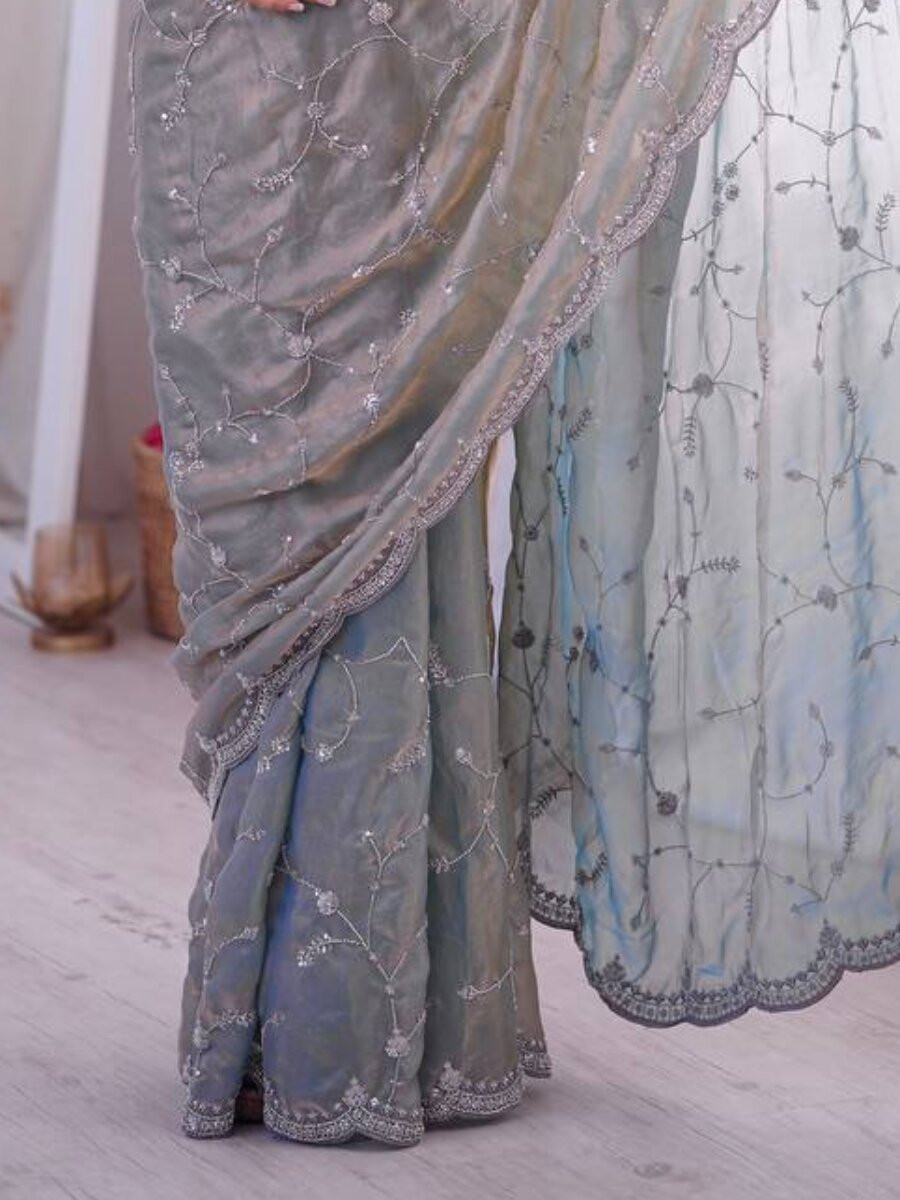 Grey Premium Two Tone Fandy Silk Embroidery Sequins Wedding Reception Party Festival Casual Heavy Border Sarees