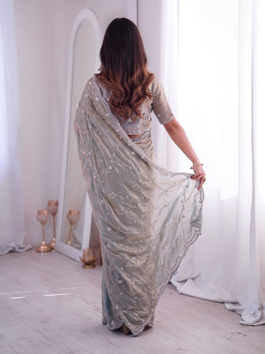 Grey Premium Two Tone Fandy Silk Embroidery Sequins Wedding Reception Party Festival Casual Heavy Border Sarees
