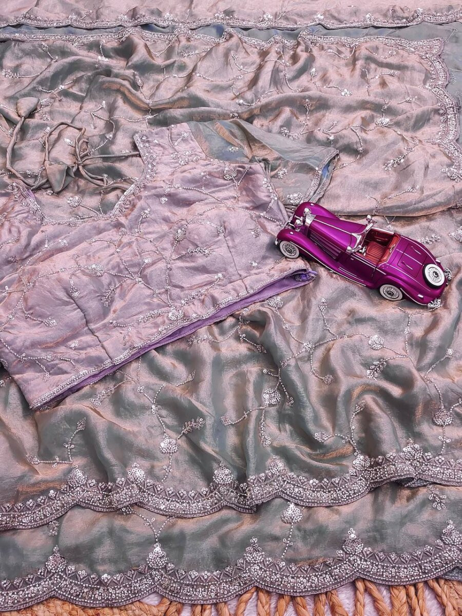 Grey Premium Two Tone Fandy Silk Embroidery Sequins Wedding Reception Party Festival Casual Heavy Border Sarees