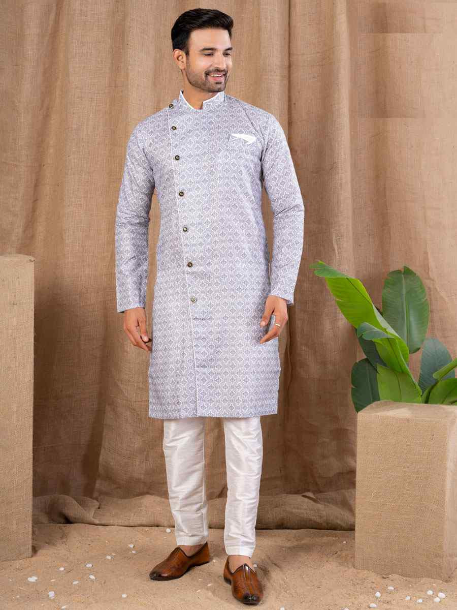 Grey Printed Cotton Silk Embroidery Festival Wedding Party Mens Kurta