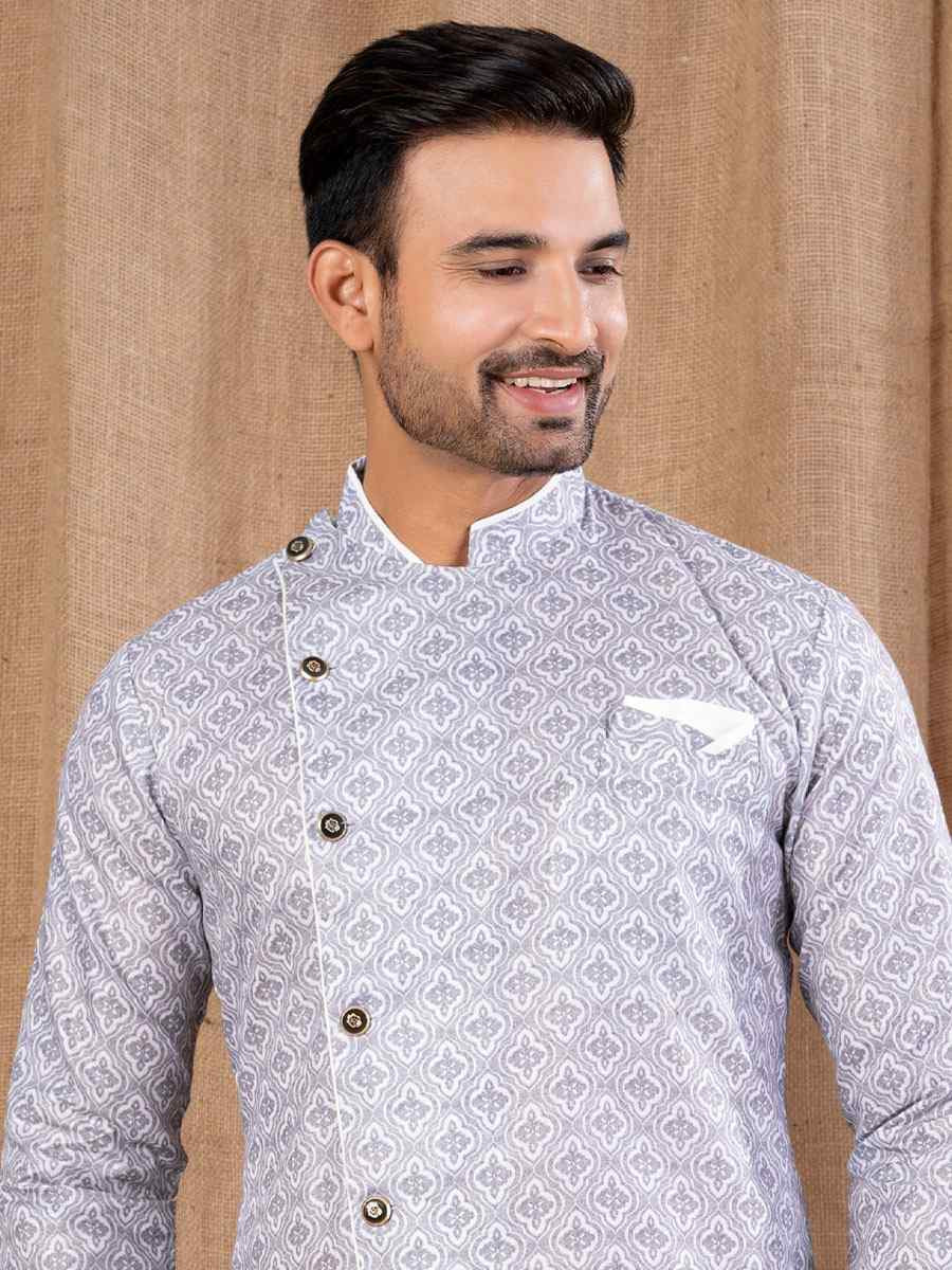 Grey Printed Cotton Silk Embroidery Festival Wedding Party Mens Kurta