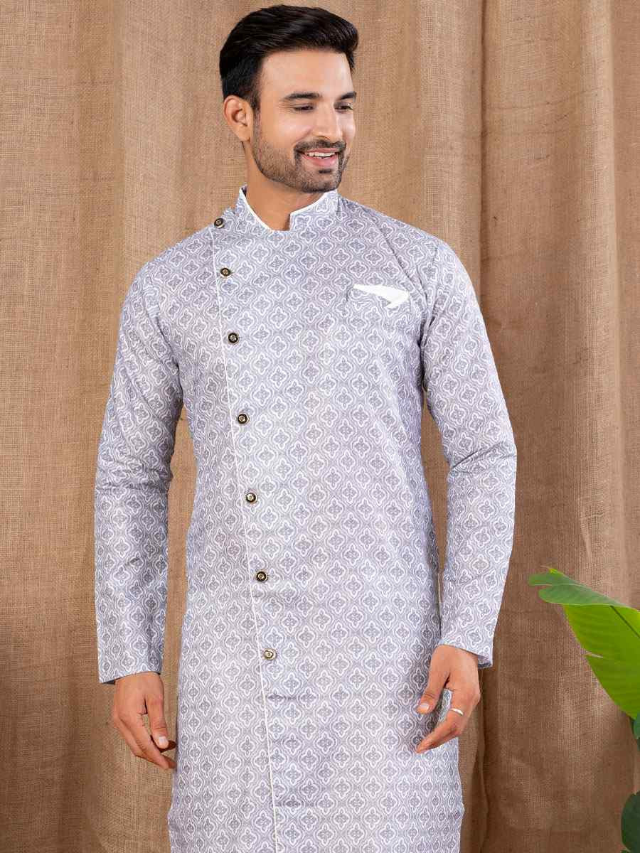 Grey Printed Cotton Silk Embroidery Festival Wedding Party Mens Kurta