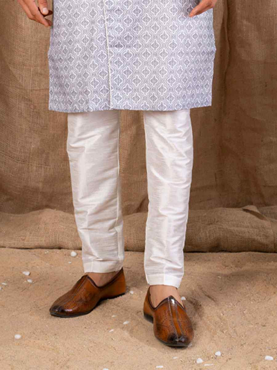 Grey Printed Cotton Silk Embroidery Festival Wedding Party Mens Kurta
