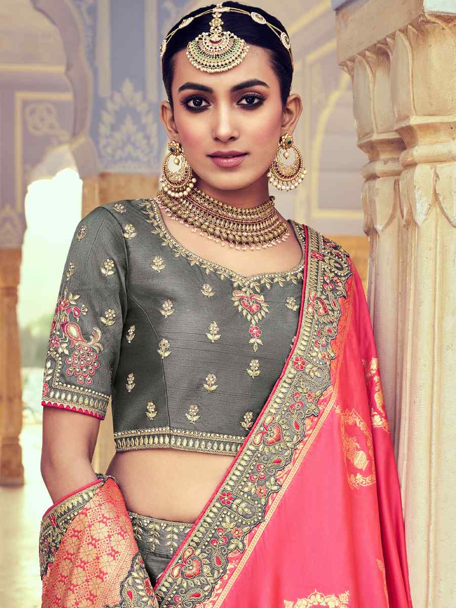 Grey Pure Banarasi Silk Embroidered Bridal Wedding Heavy Border Lehenga Choli