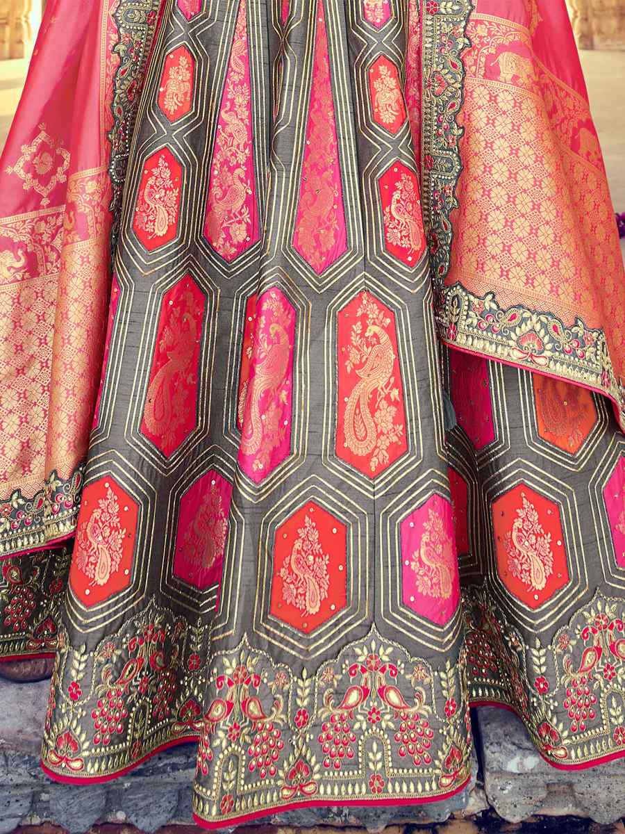 Grey Pure Banarasi Silk Embroidered Bridal Wedding Heavy Border Lehenga Choli