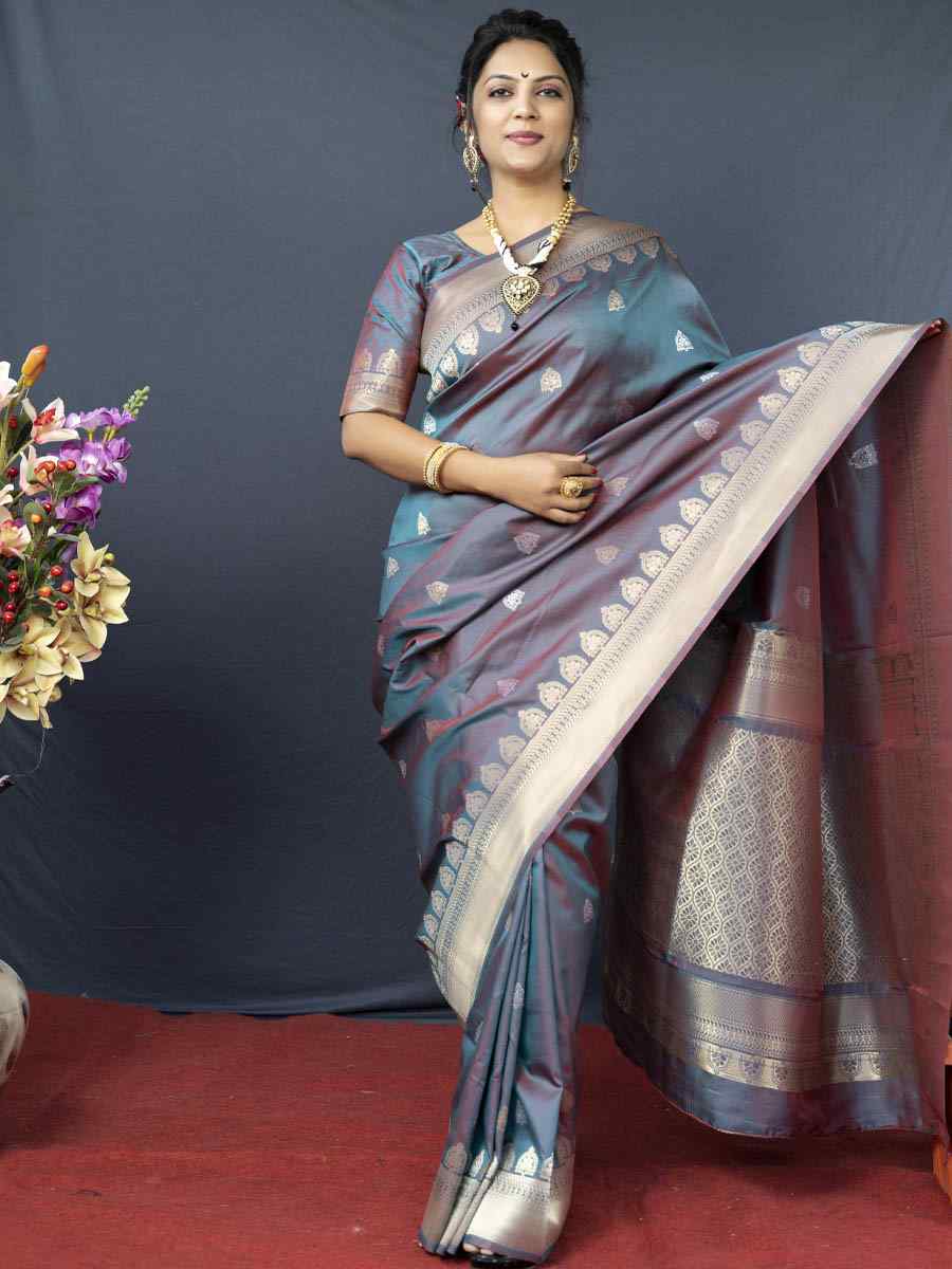 Grey Pure Banarasi Silk Handwoven Wedding Festival Heavy Border Saree