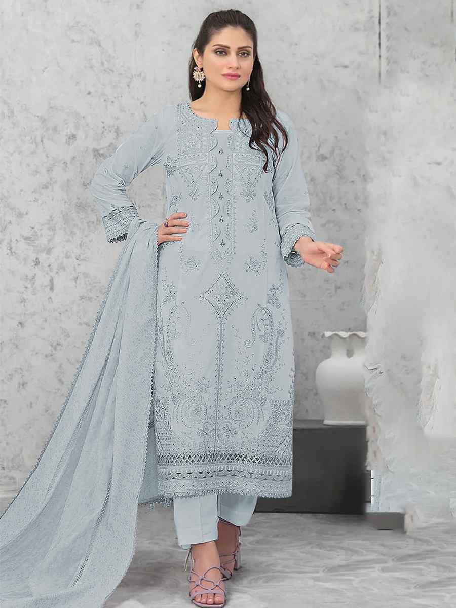 Grey Pure Cambric Cotton Embroidered Festival Wedding Pant Salwar Kameez