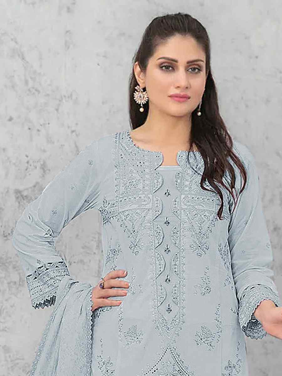 Grey Pure Cambric Cotton Embroidered Festival Wedding Pant Salwar Kameez