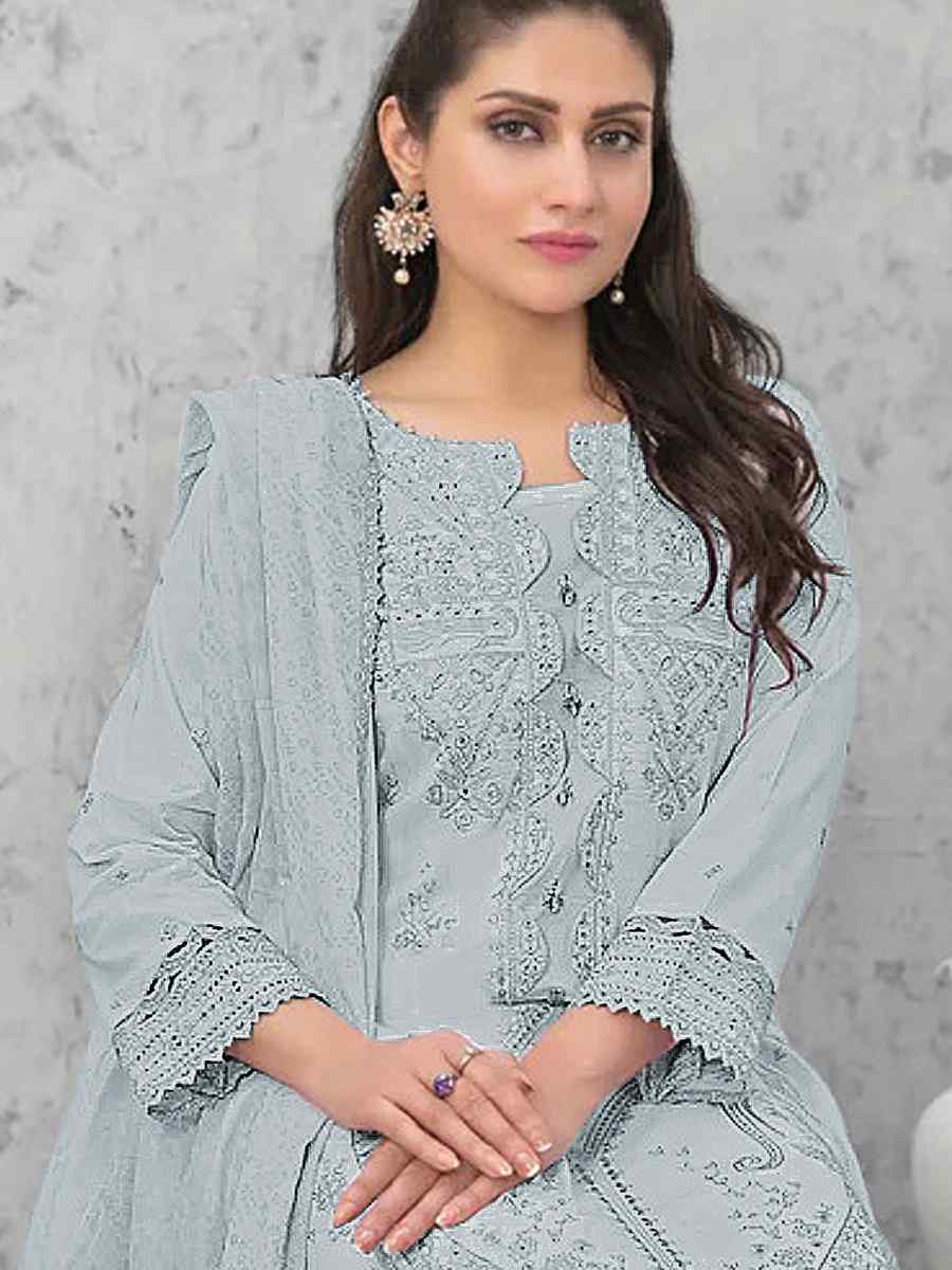 Grey Pure Cambric Cotton Embroidered Festival Wedding Pant Salwar Kameez