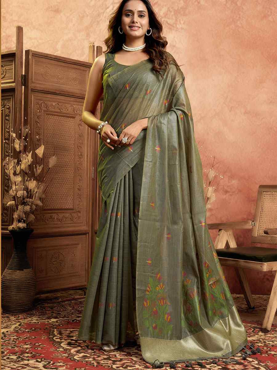 Grey Pure Cotton Handwoven Festival Wedding Fancy Heavy Border Saree