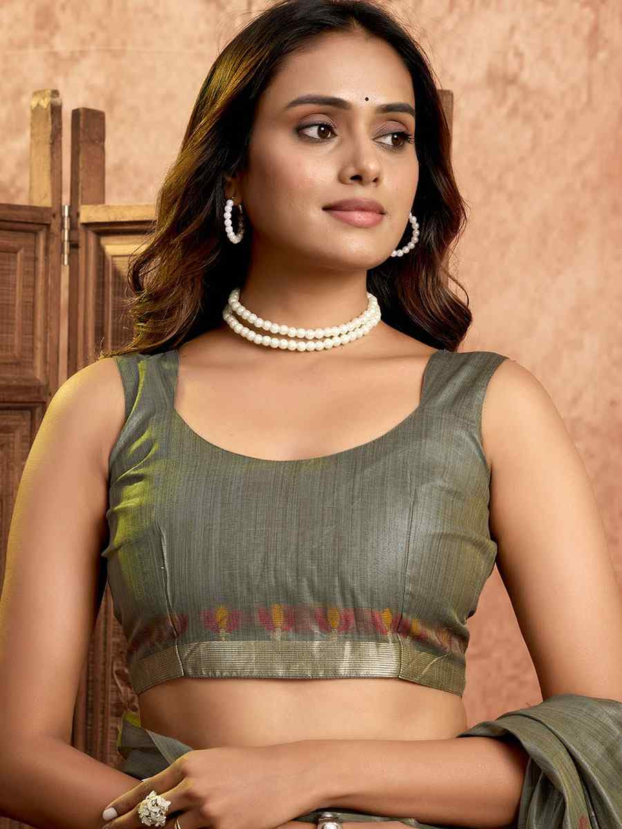 Grey Pure Cotton Handwoven Festival Wedding Fancy Heavy Border Saree