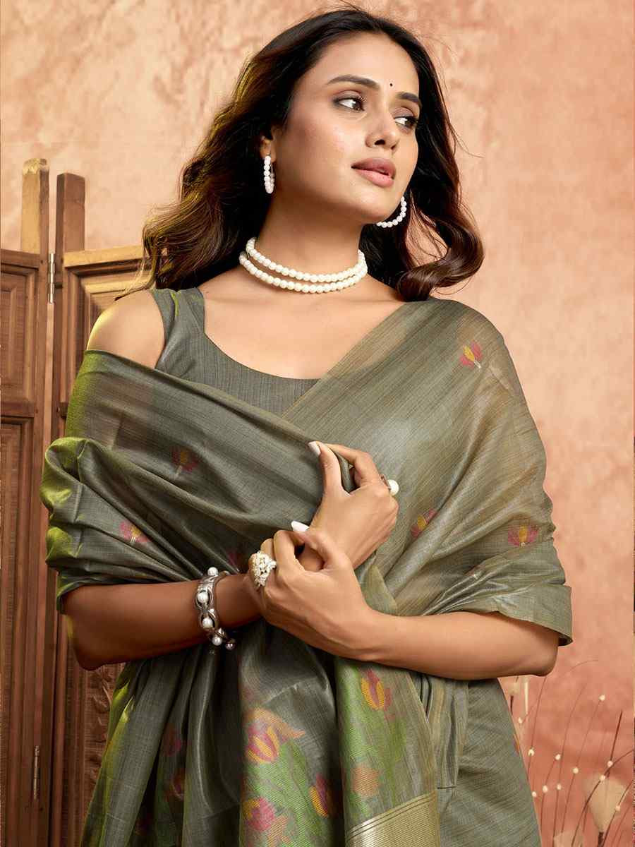 Grey Pure Cotton Handwoven Festival Wedding Fancy Heavy Border Saree