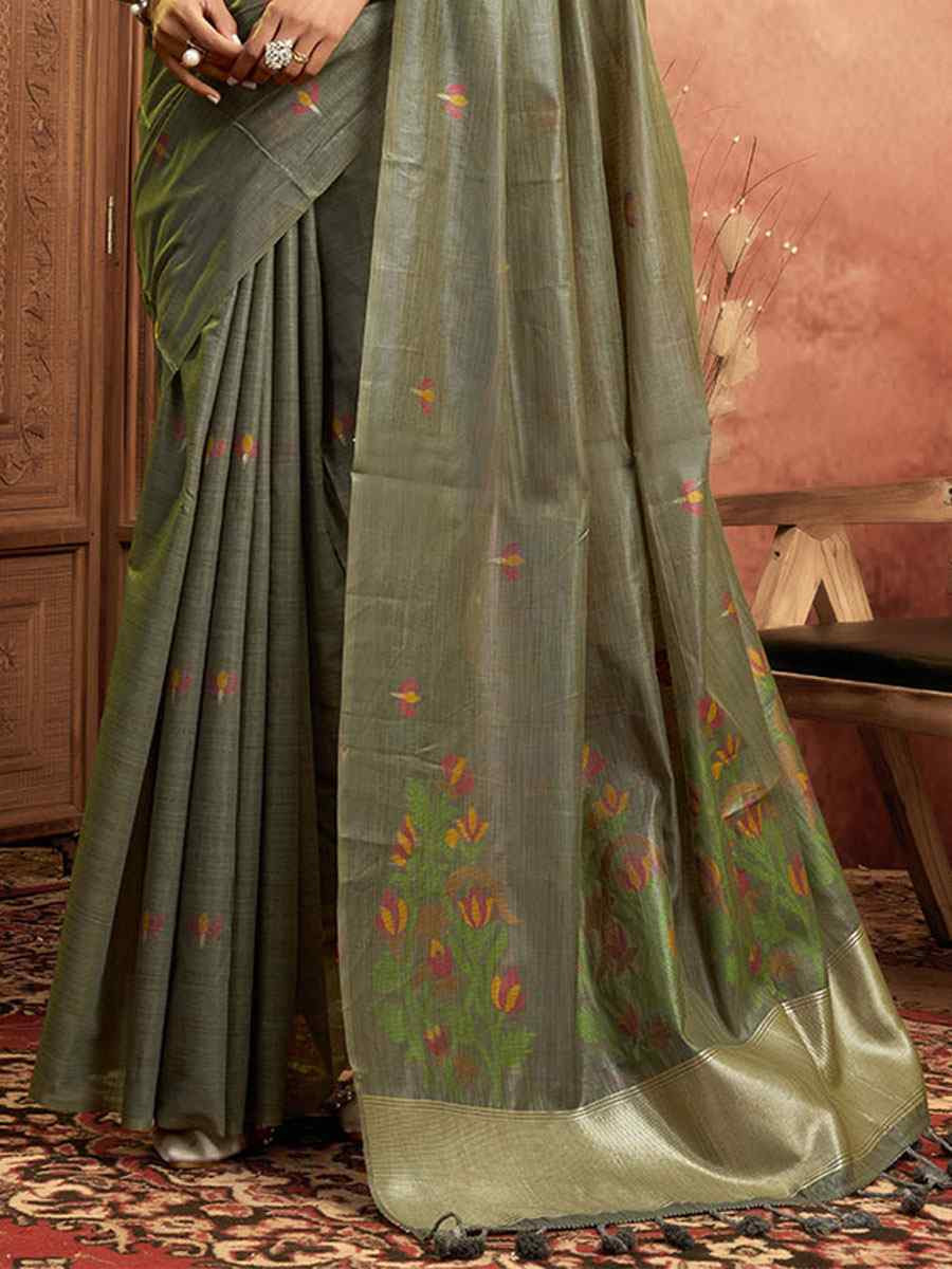 Grey Pure Cotton Handwoven Festival Wedding Fancy Heavy Border Saree