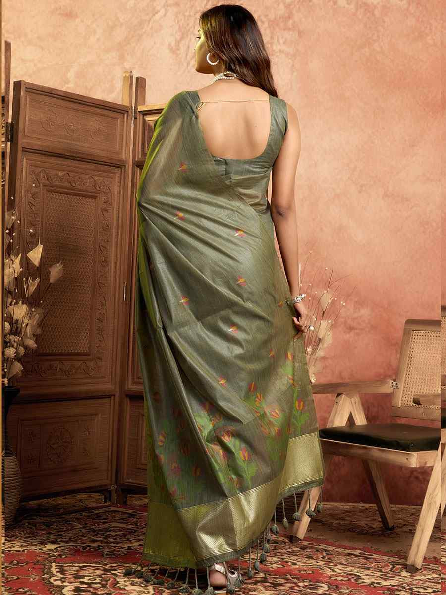 Grey Pure Cotton Handwoven Festival Wedding Fancy Heavy Border Saree