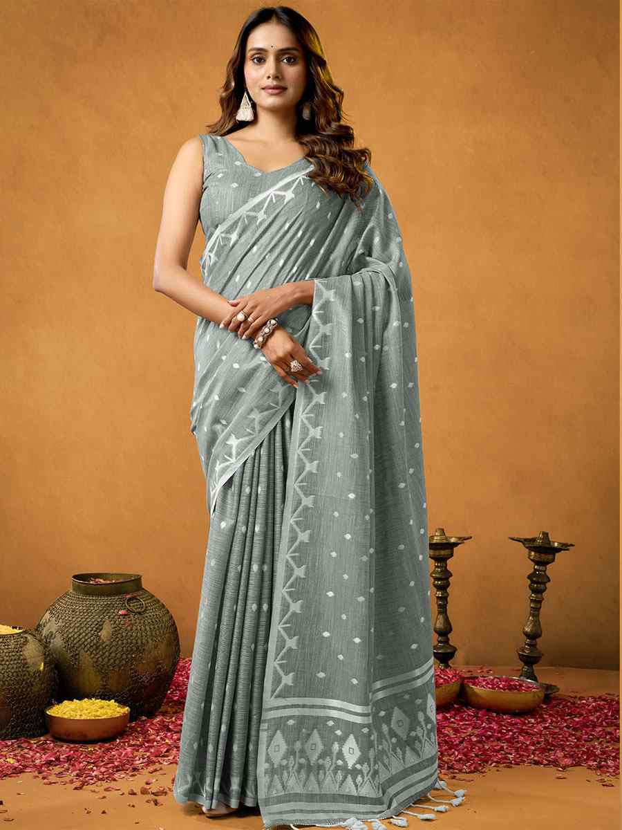 Grey Pure Cotton Handwoven Festival Wedding Fancy Heavy Border Saree